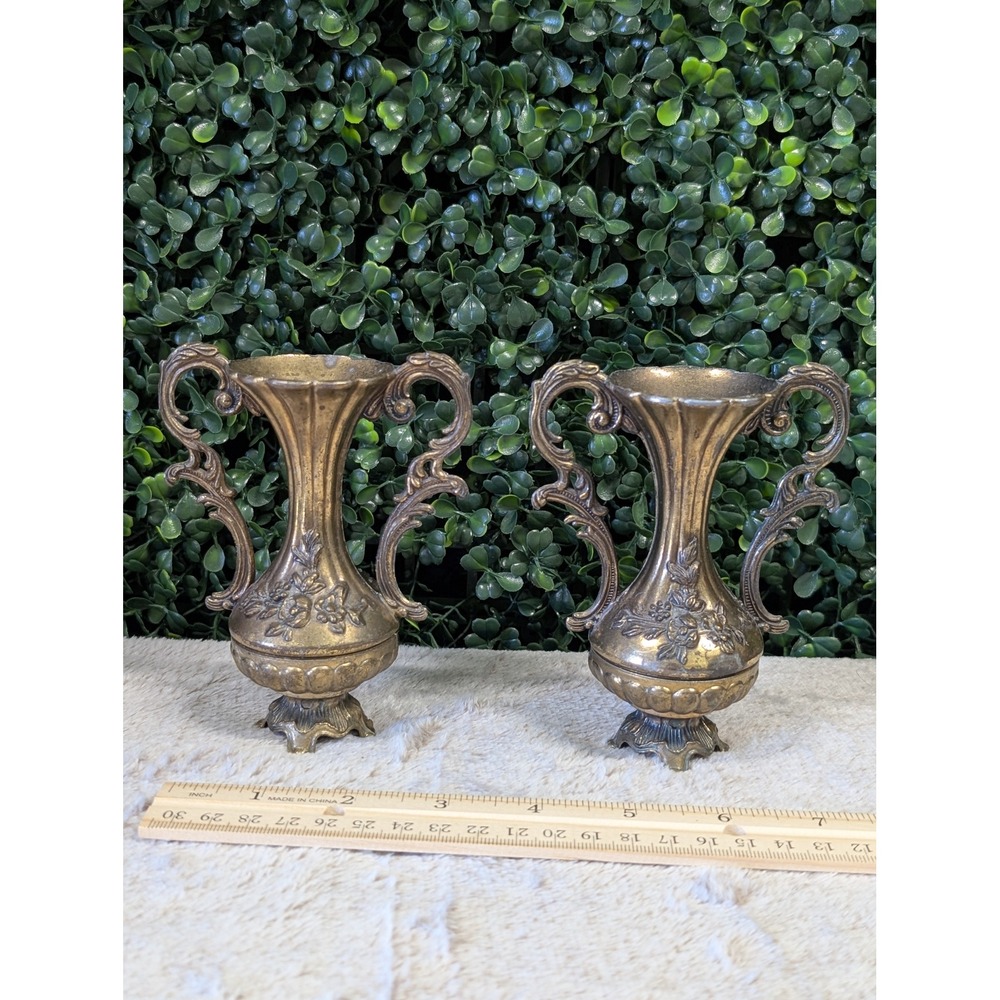 Vintage Made in Italy Ornate Floral Bud Vases Gold Tone Metal Pair